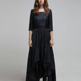 Square neck three-quarter sleeve asymmetric long dress - fasfas