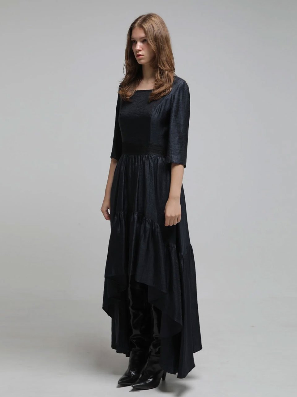 Square neck three-quarter sleeve asymmetric long dress - fasfas