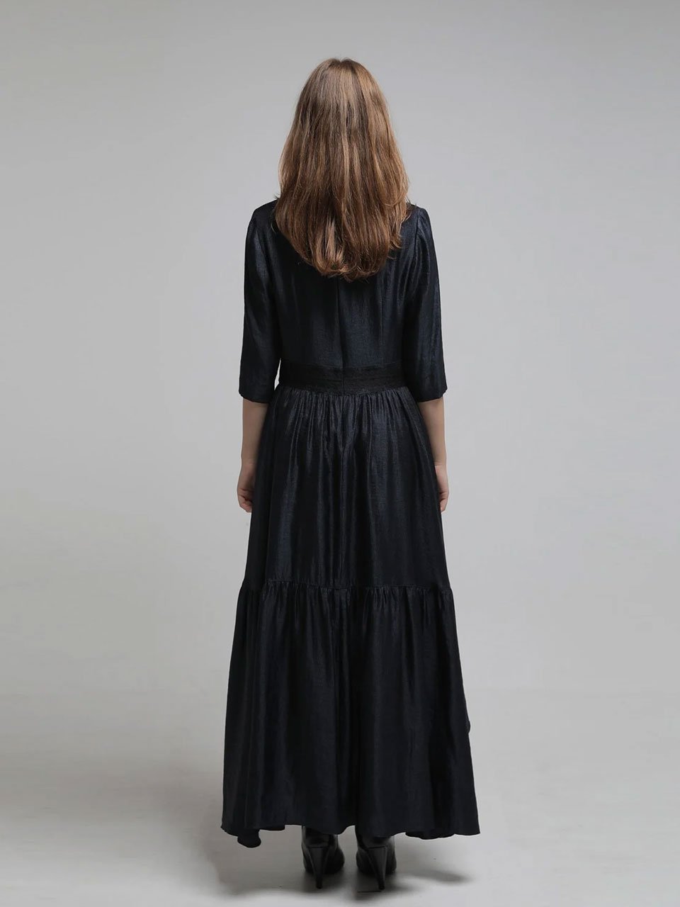 Square neck three-quarter sleeve asymmetric long dress - fasfas