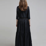 Square neck three-quarter sleeve asymmetric long dress - fasfas