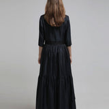 Square neck three-quarter sleeve asymmetric long dress - fasfas