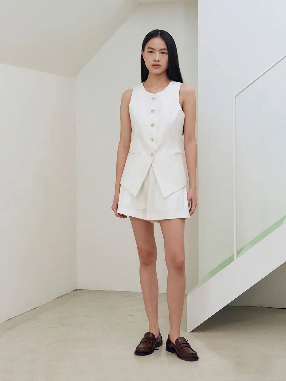 Tailored linen blended vest ivory - fasfas
