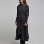 V-neck lace asymmetric long dress - fasfas