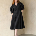V-neck puff sleeve a-line dress black - fasfas