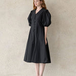 V-neck puff sleeve a-line dress black - fasfas