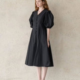 V-neck puff sleeve a-line dress black - fasfas