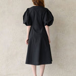 V-neck puff sleeve a-line dress black - fasfas