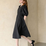V-neck puff sleeve a-line dress black - fasfas