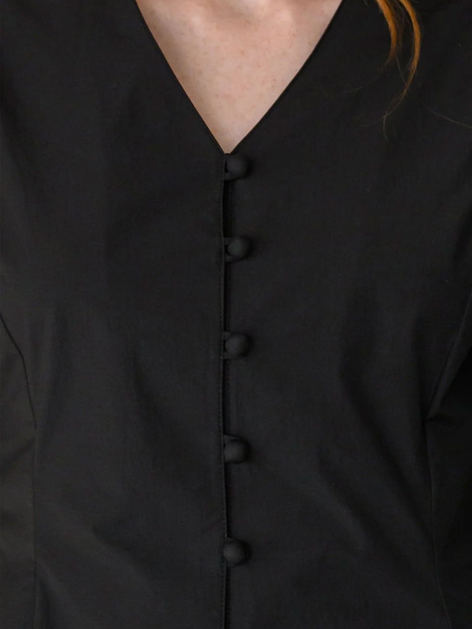 V-neck puff sleeve a-line dress black - fasfas