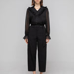 V-neck black chiffon frill blouse - fasfas