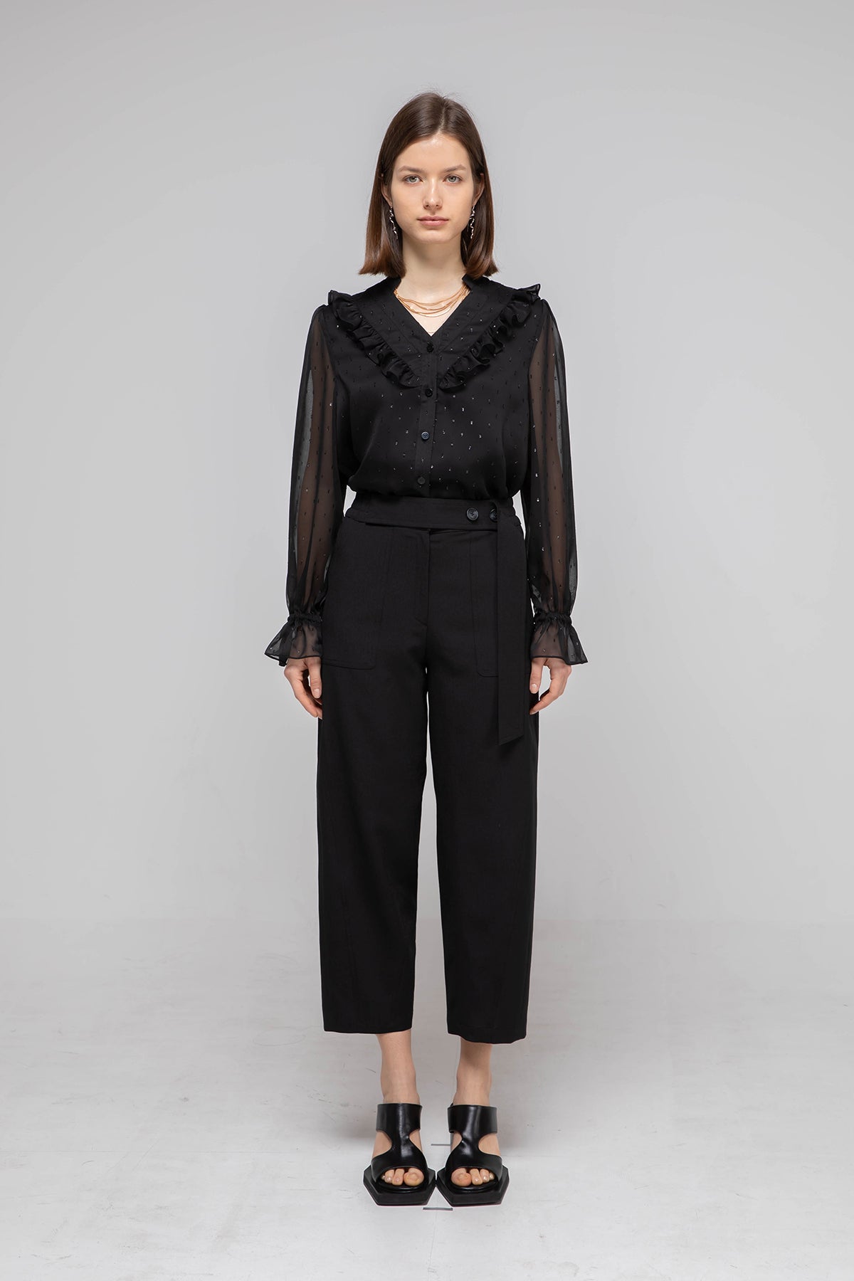 V-neck black chiffon frill blouse - fasfas