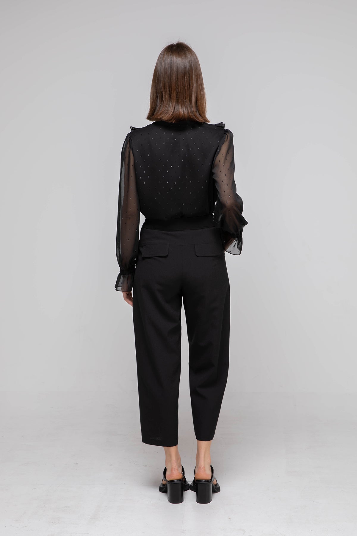 V-neck black chiffon frill blouse - fasfas