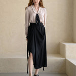 V-neck frill ribbon blouse - fasfas