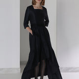 Navy square neck unbalanced flare one-piece dress