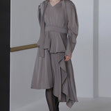 V-neck tie drape unbalanced one-piece