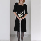 Black square neck ribbon point guest look one-piece dress