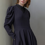 V-neck lace high-neck drape unbalanced one-piece