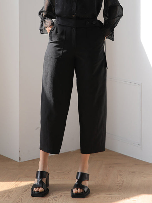 High waist banding baggy pants black - fasfas