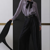 Polka dot ribbon blouse lavender gray