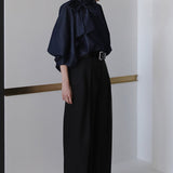 Volume sleeve tie-neck denim blouse