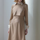 Cream color block collar beige A-line one-piece dress