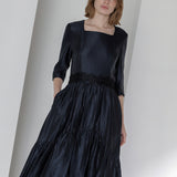 Navy square neck unbalanced flare one-piece dress