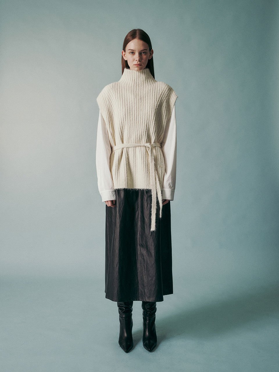 Wool blend tie-waist knit vest ivory - fasfas