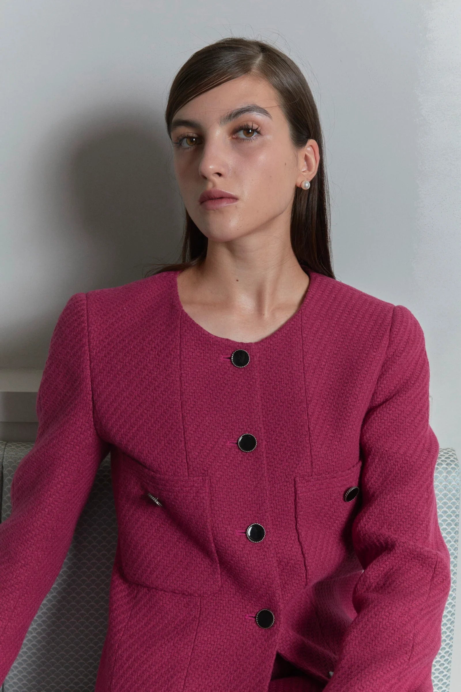 Wool blended diagonal herringbone tweed jacket pink - fasfas