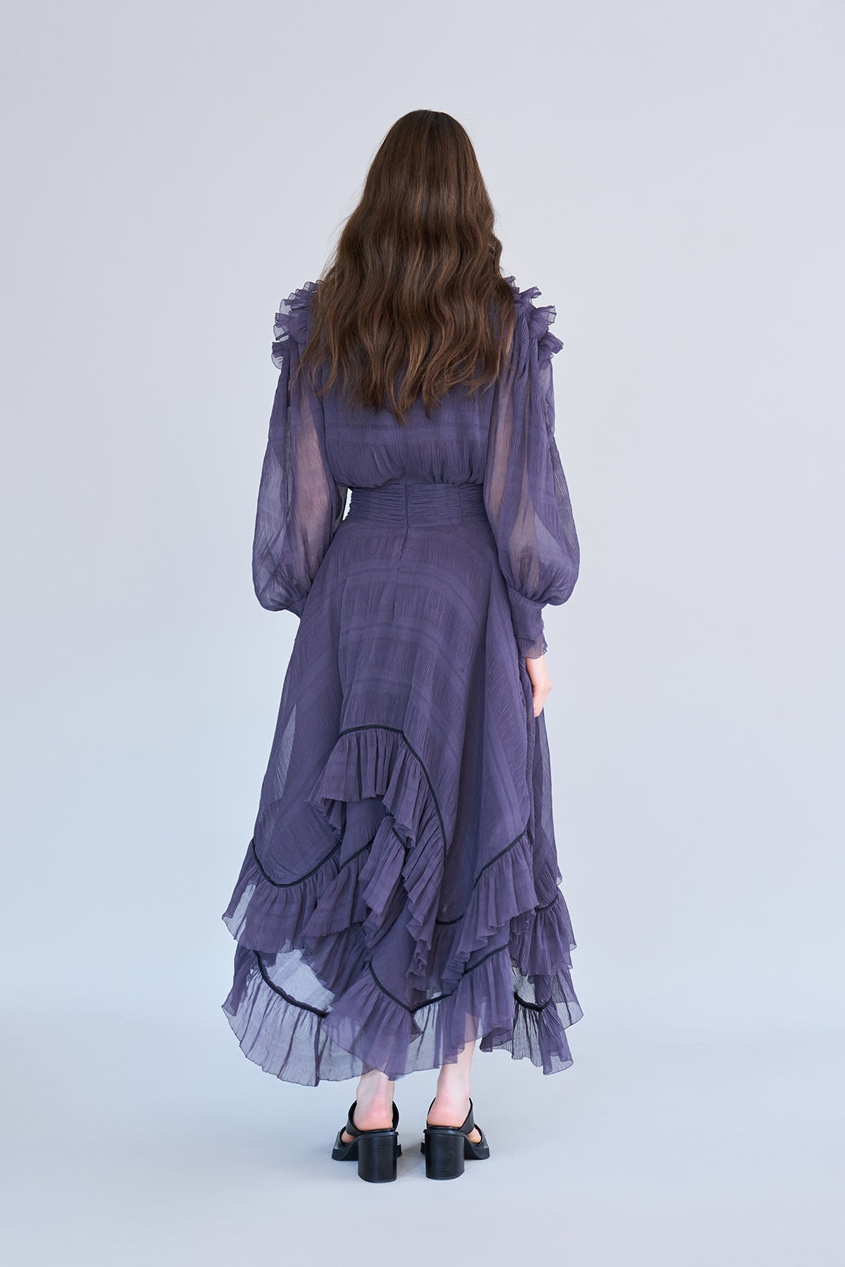 Wrap style asymmetric pleats long dress dark gray - fasfas