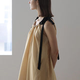 Black ribbon loose fit shirring maxi dress - fasfas