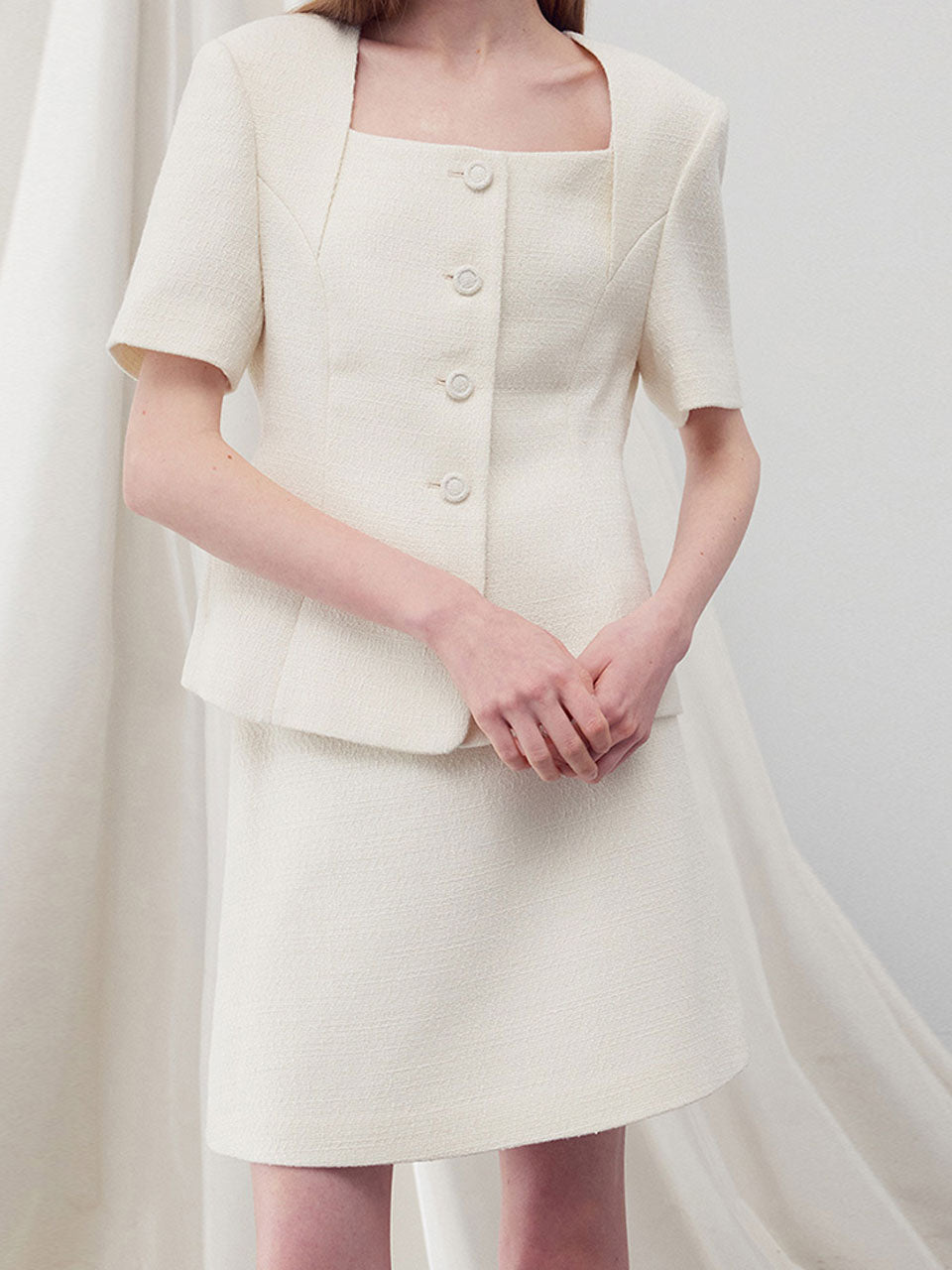 Square neck half sleeves tweed jacket ivory - fasfas