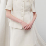 Square neck half sleeves tweed jacket ivory - fasfas