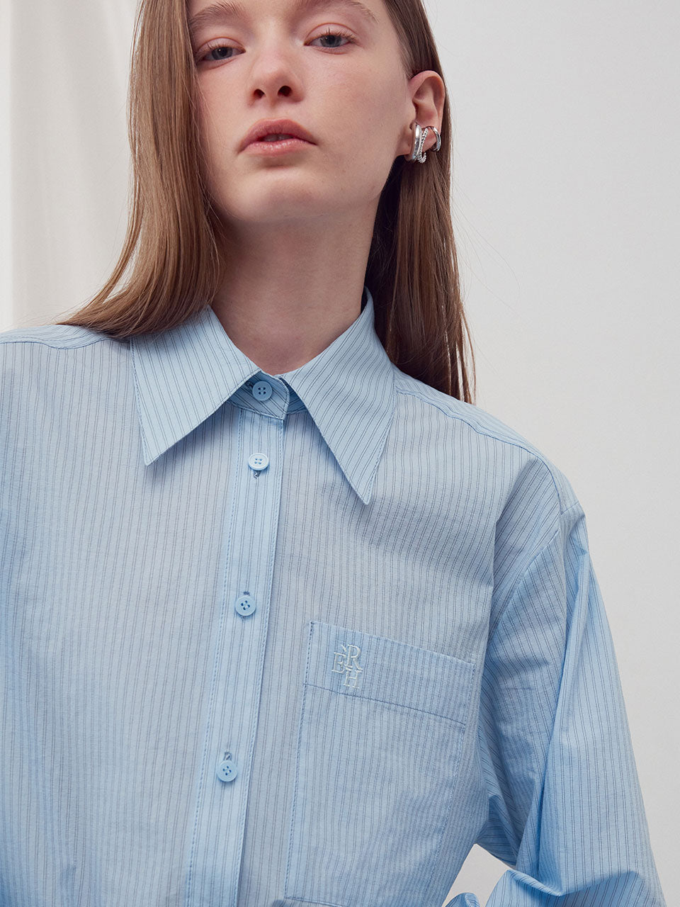 Embroidered stripe pocket shirt sky blue - fasfas